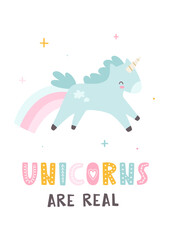Cute unicorn poster with lettering. Funny vector print for wall art and girls apparel.