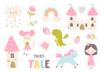 Cute fairy tale sticker pack for girls. Magic girly collection with princess and unicorn.