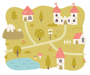 Fototapeta premium Fairytale village cute map. Medieval cartoon map print for girls carpet.