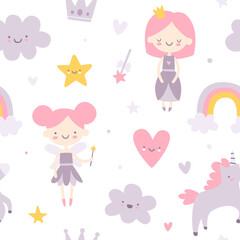 Cute girly fairytale pattern. Cartoon seamless vector print for baby textile and nursery.