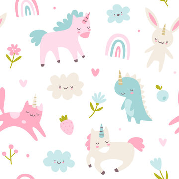 Unicorn animals cute baby pattern. Seamless vector scandinavian girly print for textile and nursery.