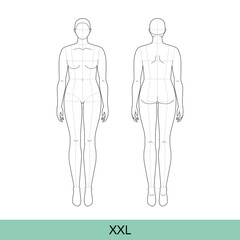 Fototapeta na wymiar XXL Women Fashion template 9 head size Croquis plus size with main lines Lady model Curvy body figure front back view. Vector outline sketch girl for Fashion Design, Illustration, technical drawing