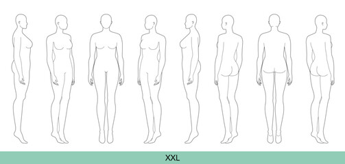 Set of XXL Women Fashion template 9 nine head size Croquis plus size Lady model Curvy body figure front, side, 3-4, back view. Vector sketch girl for Fashion Design, Illustration, technical drawing