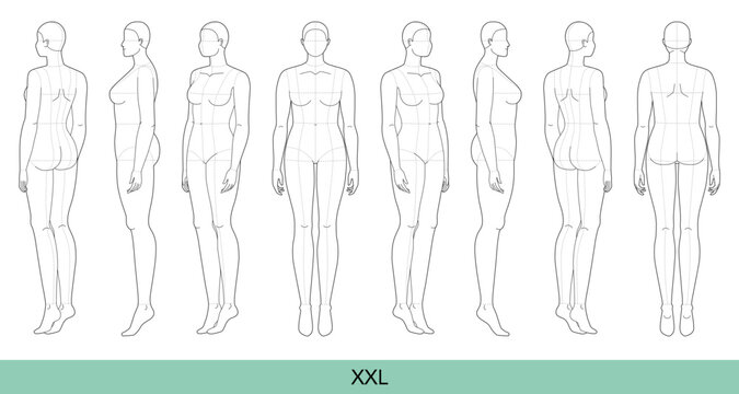 Set of XXL Women Fashion template 9 nine head size Croquis plus size Lady with main lines model body figure front, side, 3-4, back view. Vector outline sketch girl for Illustration, technical drawing