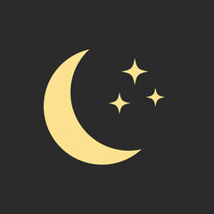 Moon and stars icon yellow isolated on black. Flat vector illustration. Half moon with stars
