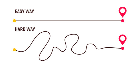 Complicated way and simple path from point A to B. Plans and real life chaos simplifying. Curved dashed line. Vector illustration