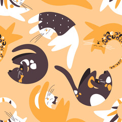 Seamless pattern with cats sleeping comfortably curled up. Cats love to sleep. Pattern of children's fabrics. Flat vector illustration.