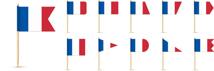 France toothpick flag isolated on wood stick with white paper. Realistic little tooth pick for lunch. Vector cocktail decoration