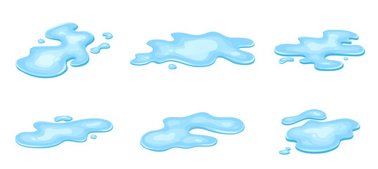 Set of water puddle, liquid cartoon style. Drop isolated on white background. Blue split, splash on floor. Vector illustration