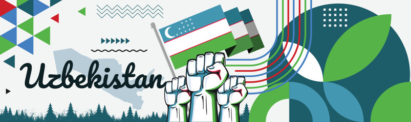 Uzbekistan Flag and map with raised fists. National day or Independence day design for Uzbek celebration. Modern retro design with abstract icons. Vector illustration.