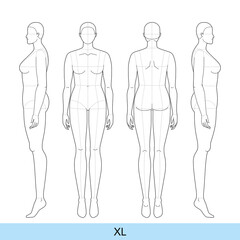 Set of XL Women Fashion template 9 nine head size Croquis plus size Lady model Curvy body figure front, side, back view. Vector outline sketch girl for Fashion Design, Illustration, technical drawing