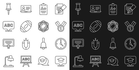 Set line Graduation cap in speech bubble, Clock, Medal, Exam sheet with A plus grade, American Football ball, Alphabet, Push pin and Atom icon. Vector
