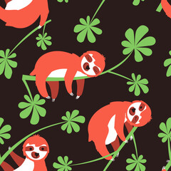 Seamless pattern of a sloth hanging on a cecropia branch on a dark background. Cheerful sloth winks and smiles, holding a leaf, sleeping. Flat vector illustration of a square shape.