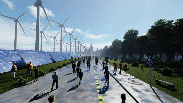 People walking towards green city electrified by wind turbines and solar panels, 4K