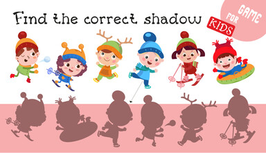 Find the correct shadow. Cute boys and girls. Winter sport games. Funny characters on white background. Vector illustration.