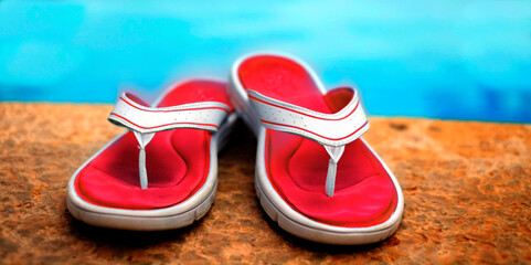Red Sandals Flip Flops Next to Clear Swimming Pool Blue Water Fresh