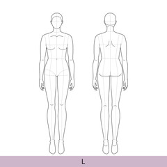 L size Women Fashion template 9 nine head oversize with main lines Lady model Curvy body figure front, back view. Vector outline sketch girl for Fashion Design, Illustration, technical drawing
