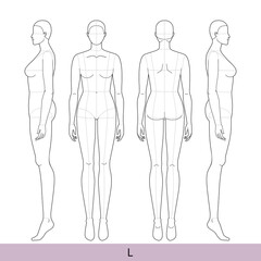 Set of L Women Fashion template 9 nine head size Croquis oversize with main lines Lady model Curvy body figure front, side, back view. Vector outline sketch girl for Fashion Design, technical drawing