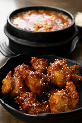 Korean Set Meal Kimchi Soup with Fried Chicken in Korean Sauce