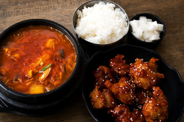 Korean Set Meal Kimchi Soup with Fried Chicken in Korean Sauce