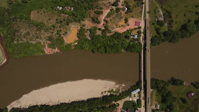 Aerial footage of the Santa Ana bridge over the river Putumayo