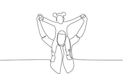 continuous single drawn one line the daddy carries the child on the shoulders hand-drawn picture silhouette. Line art. the character dad walks with the child on his shoulders