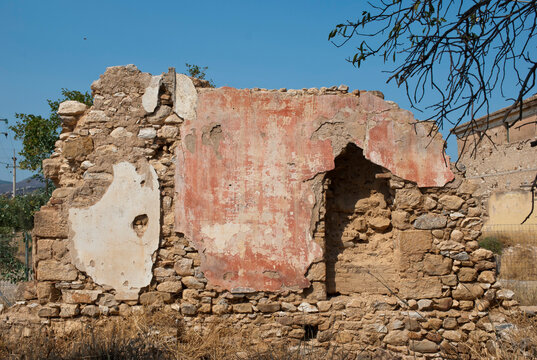 Athens, Greece / July 2022: Wine making facility ruins dating to 1875. Detail of wall stone work
