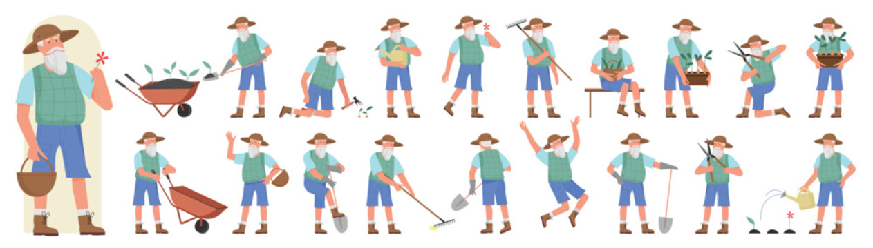 Farm worker in different poses set vector illustration. Cartoon old man working with garden equipment in front, side or back view, elderly farmer holding shovel and rake, wheelbarrow isolated on white