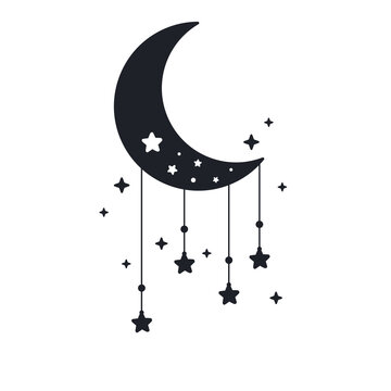 recommend clip art: Vector silhouette of the crescent moon and stars in the night sky Isolated on background