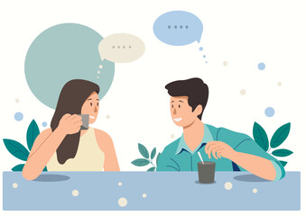 couple having fun, conversation dialogue at the table over a cup of coffee, vector illustration of the plot. image people