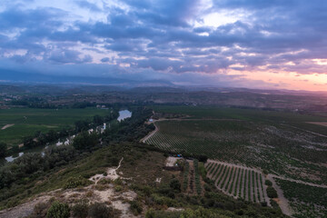 Landscape with Ebro river at sunrise, El Cortijo of Logroño, La Rioja in Spain