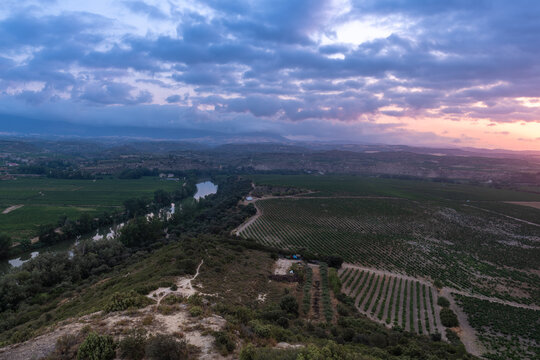 Landscape with Ebro river at sunrise, El Cortijo of Logro&ntilde;o, La Rioja in Spain