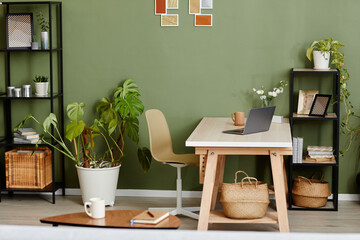 Horizontal image of domestic room with green plants and workplace with laptop in the middle for online work