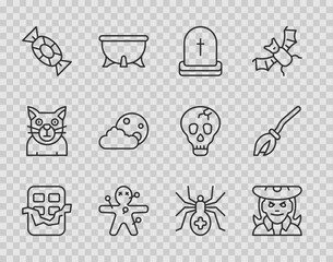 Set line Chocolate bar, Witch, Tombstone with RIP written, Voodoo doll, Candy, Moon stars, Spider and Witches broom icon. Vector