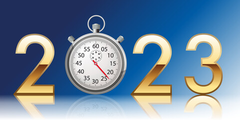 2023 sur le thème de la vitesse et de la compétition avec un chronomètre pour symboliser la performance et le temps qui passe.