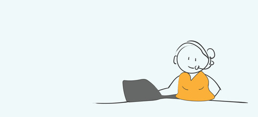  call center girl, Technical support doodle concept, Customer help and support service and hotline with girl operator headset laptop message with question