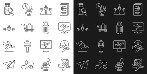 Set line Calendar and airplane, Flight time, Plane, Trolley baggage, Lost and Suitcase icon. Vector