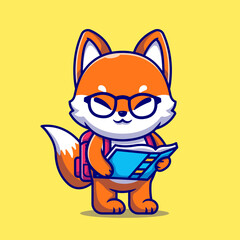 Cute Fox Holding Book With Backpack Cartoon Vector Icon Illustration. Animal Education Icon Concept Isolated Premium Vector. Flat Cartoon Style