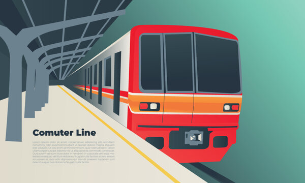 Train station with electric train locomotive. Indonesia comuter line vector illustration