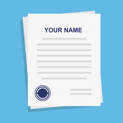 Documents with seal and text. Agreement with approval and seal. Stack of business papers. Contracts with a signature. Vector illustration