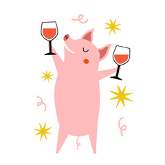 Vector illustration with pink pig and glasses of red wine. Trendy farm animal print design, pork food package sticker emblem template. Party celebration concept art - 525126945