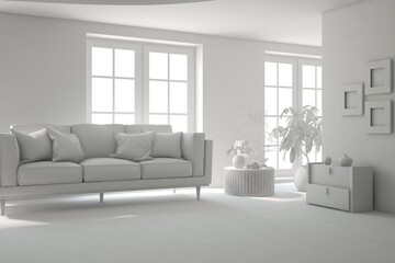 Fototapeta na wymiar Mock up of minimalist living room in white color with sofa. Scandinavian interior design. 3D illustration