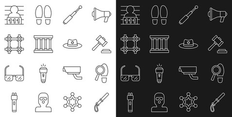 Set line Police rubber baton, Footsteps, Judge gavel, Telescopic, Prison window, Suspect criminal and Sheriff hat with badge icon. Vector
