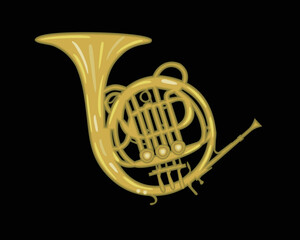 French horn on black background. Vector isolated illustration.