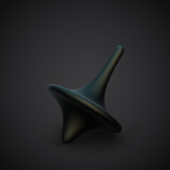 Fototapeta premium Black 3D spinning top on dark background. Concept of endless movement, abstract visualization of chaos and balance. Golden rotating whirligig toy, EPS 10, vector illustration.