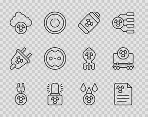 Set line Radiation electrical plug, warning document, Nuclear energy battery, Radioactive lamp, Acid rain and radioactive cloud, Electrical outlet, and cargo train icon. Vector