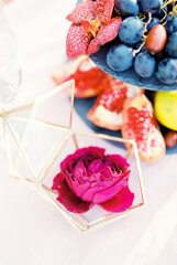 Wedding ring box with peony flower next to fruit stand