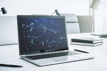 Creative scientific formula illustration on modern computer monitor, science and research concept. 3D Rendering