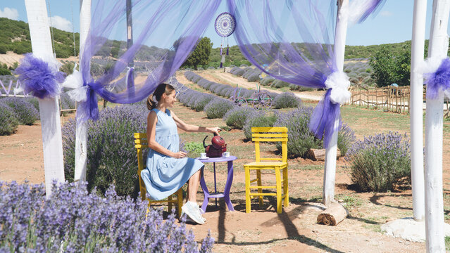 A Woman In A Lavender Field Pours Tea From A Teapot - A Tea Party On The Street Among Flowers