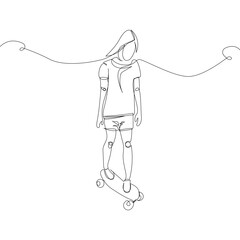 Girl rides a skateboard one line art. Continuous line drawing sports, training, sport, leisure, teenager, doing tricks, street culture, subculture, urban, extreme, youth woman, stadium.